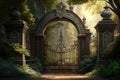 scenic view of iron mansion gates nestled in the woods, surrounded by greenery