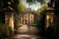 scenic view of iron mansion gates nestled in the woods, surrounded by greenery