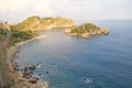 Scenic View of Isola Bella Peninsula in Taormina Town. The island of Sicily, Italy. View of the Sea Royalty Free Stock Photo