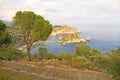 Scenic View of Isola Bella Peninsula in Taormina Town. The island of Sicily, Italy. View of the Sea Royalty Free Stock Photo