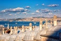 Scenic view of Istanbul from Suleymaniye mosque, Turkey. Sunset cityscape with domes, city architecture, bay and blue sky Royalty Free Stock Photo