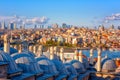 Scenic view of Istanbul from Suleymaniye mosque, Turkey. Sunset cityscape with domes, city architecture, bay and blue sky Royalty Free Stock Photo