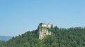 Scenic view of Julian Alps mountains and Bled castle, sunny day, Bled, Slovenia Royalty Free Stock Photo