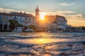 Krk, town on the Krk island, Kvarner bay, Croatia. Scenic view of harbor, and Krk cathedral at sunrise, outdoor travel background Royalty Free Stock Photo