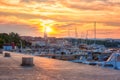 Krk, town on the Krk island, Kvarner bay, Croatia. Scenic view of harbor, and Krk cathedral at sunrise, outdoor travel background Royalty Free Stock Photo