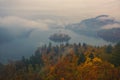 Scenic view of Lake Bled at foggy autumn morning Royalty Free Stock Photo