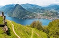 Scenic view of lake Lugano with Monte San Salvatore and Lugano town from Monte Bre, Switzerland Royalty Free Stock Photo