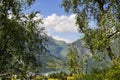 Scenic view on lake and mountains.