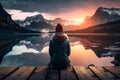 Scenic View of a Lake, Mountains, and Sunset Woman Seated on Dock. AI Royalty Free Stock Photo