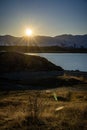 Scenic view of Lake Pukaki, New Zealand during sunset Royalty Free Stock Photo