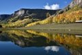 Scenic view of the lake reflection along the Million Dollar Highway, Colorado in vibrant fall color Royalty Free Stock Photo