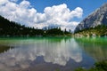 Scenic view of lake Sorapis in Dolomite mountains near Cortina d ampezzo in Veneto region and Belluno province in Italy with a Royalty Free Stock Photo