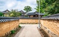 Scenic view of a laneway and traditonal houses roofs in historic Hahoe village Andong South Korea Royalty Free Stock Photo