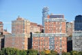 Scenic view of 56 Leonard Street skyscraper behind classic houses in New York