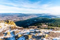 Scenic view of Liberec and surrounding mountains on sunny winter day. Lookout from Jested Mountain, Czech Republic Royalty Free Stock Photo