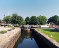 Scenic view of lock gate entrance to brighouse basin with boats and moorings on the calder and hebble navigation canal in west Royalty Free Stock Photo