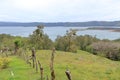 Scenic view of lush green trees growing on hilly terrain against cloudy sky with lake arenal in costa rica Royalty Free Stock Photo