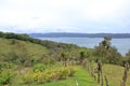 Scenic view of lush green trees growing on hilly terrain against cloudy sky with lake arenal in costa rica Royalty Free Stock Photo