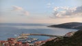 Scenic view of Lustica Bay Marina in Montenegro - a coastline port with a lighthouse