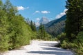 Predil - Scenic view of majestic mountain peak of Mangart in Julian Alps seen from Predil Pass