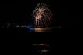 A scenic view of a majestic multicolor firework with reflection over the water under a majestic black sky