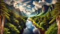 Sun shining over breathtaking valley reflecting on river between lush green mountains Royalty Free Stock Photo