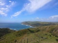 Scenic view of Makara Walkway with windmills and beach on a sunny clear day, Wellington, New Zealand Royalty Free Stock Photo