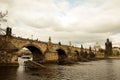 Scenic view of the mediaeval Charles bridge above the tranquil Vltava river in Prague, Czechia