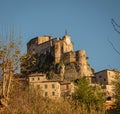 Scenic view of medieval fortifications and castle of Rocca Abbaziale in Subiaco