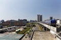 Scenic view of a metro train traveling on elevated rails of Taoyuan Mass Rapid Transit System International Airport MRT Royalty Free Stock Photo