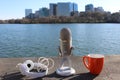 Scenic View Microphone Headphones Coffee Cup Rosslyn Skyline Royalty Free Stock Photo