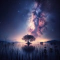 Silhouetted mangrove tree sits in lake under the Milky Way