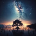 Silhouetted mangrove tree sits in lake under the Milky Way