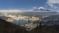 Scenic view of mount Fuji famous landmark of japan with cityscape skyline at dusk.Kawaguchiko lake around Mount Fuji located at Royalty Free Stock Photo