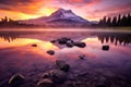 Scenic view of Mount Rainier reflected across the reflection lakes.. Pink sunset light on Mount Rainier in the Cascade Royalty Free Stock Photo