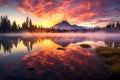 Scenic view of Mount Rainier reflected across the reflection lakes.. Pink sunset light on Mount Rainier in the Cascade Royalty Free Stock Photo