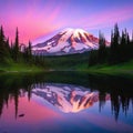 Scenic view of Mount Rainier reflected across the reflection Pink sunset light on Mount Rainier in the Cascade Royalty Free Stock Photo