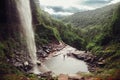 Scenic view on mountain waterfall and cave in forest with tourist people. Kaaterskill Falls and Clove