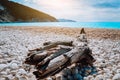 Scenic view of Myrtos beach at sunny summer day. Beautiful mediterranean landscape on Kefalonia island, Greece. Snag on the Royalty Free Stock Photo