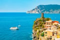 Scenic view of ocean and harbor in colorful village Vernazza, Ci Royalty Free Stock Photo