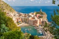 Scenic view of ocean and harbor in colorful village Vernazza, Ci Royalty Free Stock Photo