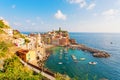 Scenic view of ocean and harbor in colorful village Vernazza, Ci Royalty Free Stock Photo