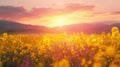 Scenic view of oilseed rape field against sky during sunset