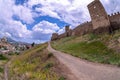 Scenic view of the old Genoese fortress in Crimea, Sudak, Ukraine. Panorama Black Sea Royalty Free Stock Photo