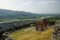 Scenic view of an old stone church, mountains and residential buildings, Berat, Albania Royalty Free Stock Photo