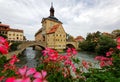 Scenic view of Old Town Hall of Bamberg under moody cloudy sky, a beautiful medieval town on the river Regnitz
