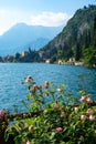 Scenic view of the old town Varenna, Lake Como and Alpine mountains in Italy. Royalty Free Stock Photo