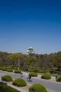Scenic view of Osaka castle with trees and clear blue sky Royalty Free Stock Photo