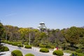 Scenic view of Osaka castle with trees and clear blue sky Royalty Free Stock Photo