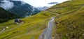 Scenic view over dangerous road on slope of Caucasus mountain. Omalo, Georgia Royalty Free Stock Photo